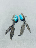 Brilliant Vintage Native American Navajo Morenci Turquoise Sterling Silver Feather Earrings-Nativo Arts