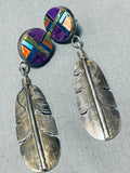 So Detailed Vintage Native American Zuni Turquoise Sterling Silver Inlay Earrings-Nativo Arts