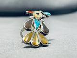 Fascinating Vintage Native American Zuni Inlay Turquoise Coral Sterling Silver Thunderbird Ring-Nativo Arts