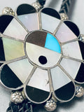 Tom Henry Vintage Native American Navajo Turquoise Pearl Inlay Sterling Silver Bolo Tie