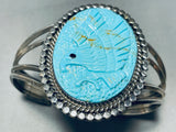 Intricately Hand Carved Vintage Native American Navajo Turquoise Eagle Sterling Silver Bracelet-Nativo Arts