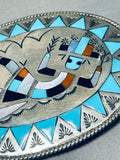 Amazing Vintage Native American Zuni Inlay Blue Gem Turquoise Jet Rainbow Man Silver Buckle-Nativo Arts