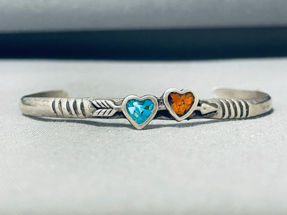 Adorable Vintage Native American Navajo Turquoise Coral Sterling Silver Heart Bracelet-Nativo Arts