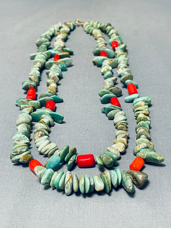 14k Gold Exquisite Vintage Native American Navajo Green Turquoise Coral Necklace-Nativo Arts