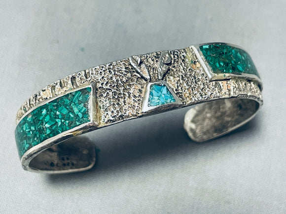 Unique Double Technique Vintage Native American Navajo Turquoise Sterling Silver Bracelet-Nativo Arts