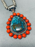 Dazzling Vintage Signed Native American Navajo Pilot Mountain Turquoise Corals Silver Necklace-Nativo Arts