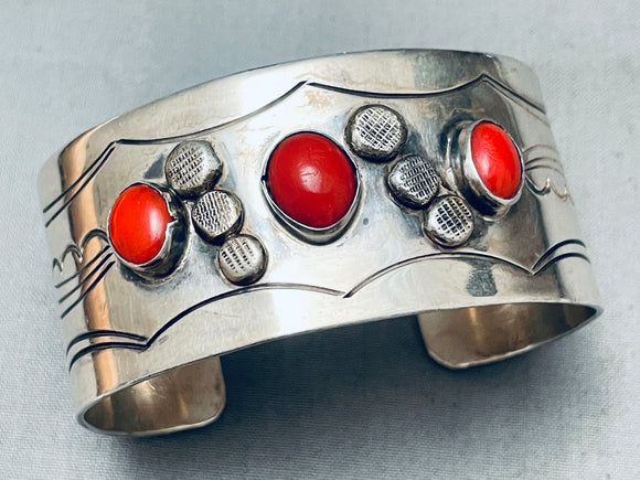 One Of The Best Domed Coral Vintage Native American Navajo Sterling Silver Bracelet-Nativo Arts