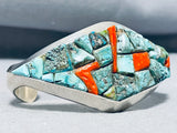 Stunning Signed Native American Navajo Turquoise Coral Inlay Sterling Silver Bracelet-Nativo Arts