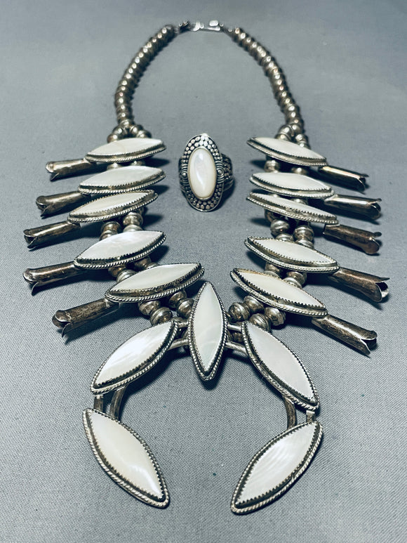 Gorgy!! Vintage Native American Navajo Pearl Sterling Silver Squash Blossom Necklace Old-Nativo Arts