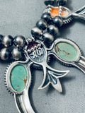 Native American Womens Green Turquoise Vintage Sterling Silver Squash Blossom Necklace