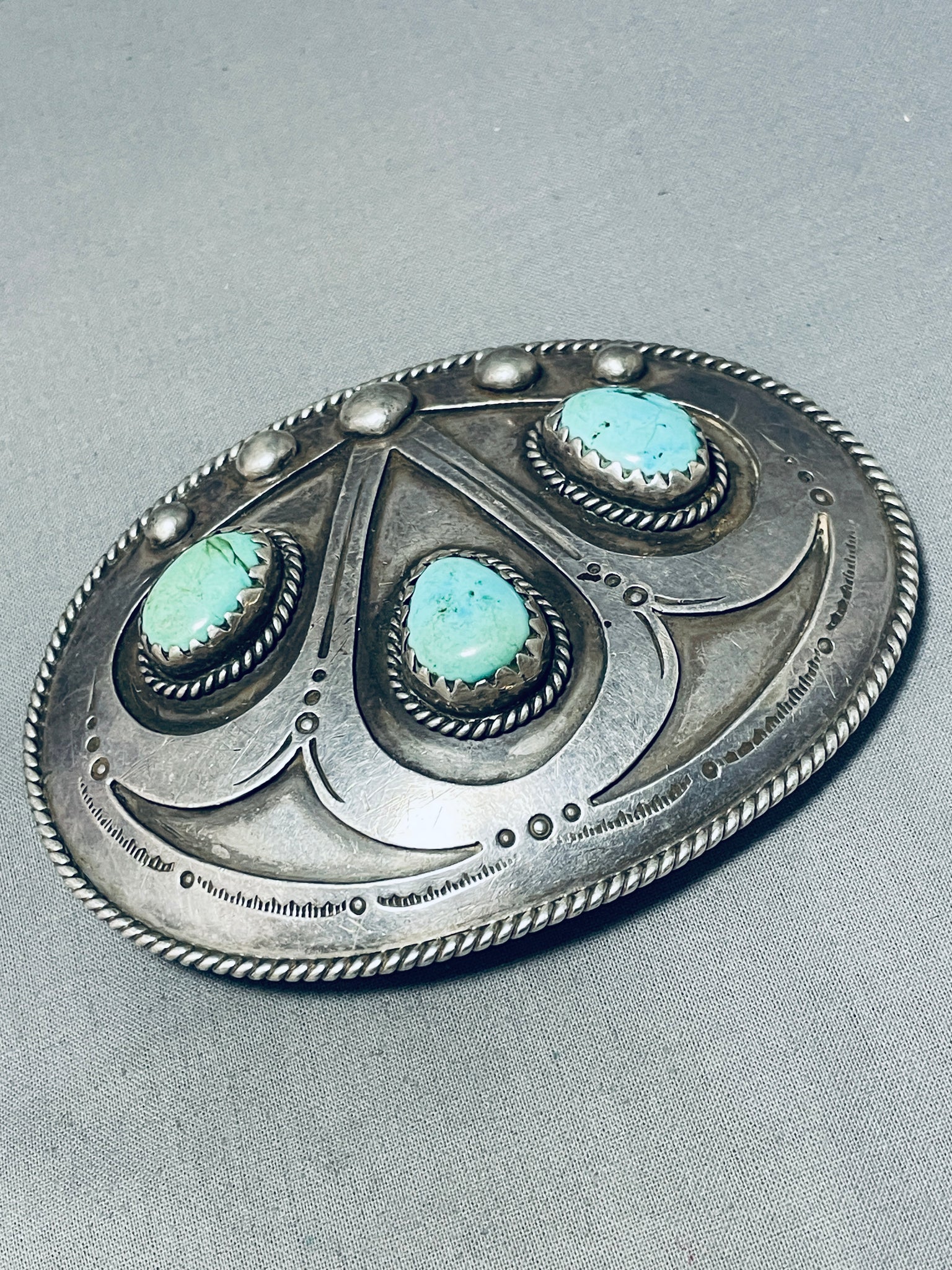 Native American Navajo Kingman Turquoise and Sterling Silver Belt Buckle