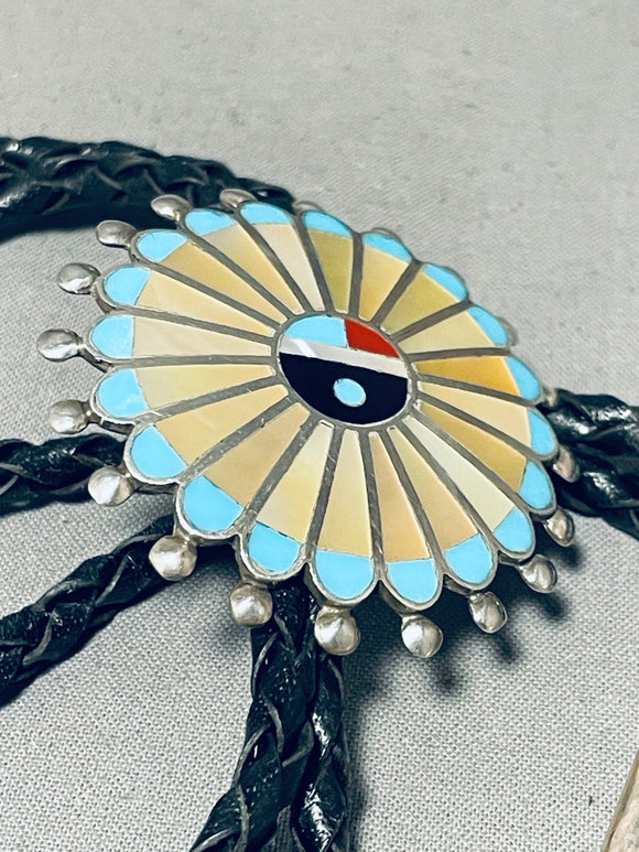 Exceptional Vintage Native American Zuni Inlay Blue Gem Turquoise Coral Sunface Silver Bolo-Nativo Arts