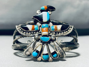 Monumental Vintage Native American Zuni Turquois Einlay Bird Sterling Silver Bracelet-Nativo Arts