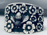 Bees And Flowers Massive Vintage Sterling Silver Bracelet Cuff-Nativo Arts