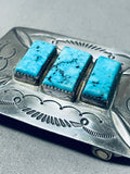 Massive Vintage Native American Navajo 3 Square Turquoise Sterling Silver Buckle-Nativo Arts