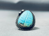 Detailed Vintage Native American Navajo Leaf Sleeping Beauty Turquoise Sterling Silver Ring