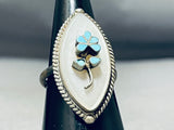 Cute Vintage Native American Zuni Turquoise Flower Sterling Silver Ring Old-Nativo Arts