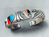 Detailed Bear Vintage Navajo Turquoise Bear Inlay Sterling Silver Bracelet-Nativo Arts