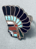 One Of The Best Vintage Native American Zuni Chief Turquoise Inlay Sterling Silver Ring Old-Nativo Arts