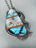 One Of Most Intricate Vintage Native American Navajo Inlay Turquoise Sterling Silver Necklace-Nativo Arts