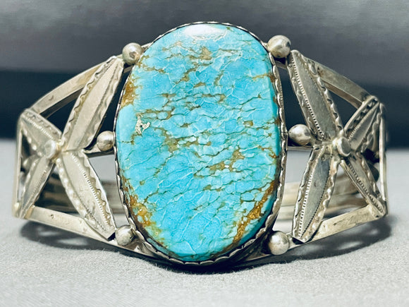 Leaf Flanks Vintage Native American Navajo Old Deposit #8 Turquoise Sterling Silver Bracelet-Nativo Arts