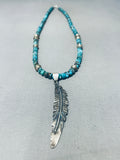 Gorgeous Vintage Native American Navajo Bisbee Turquoise Sterling Silver Feather Necklace-Nativo Arts