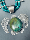 183 Grams Native American Navajo Tortoise Turquoise Sterling Silver Squash Blossom Necklace