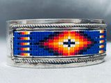 Detailed Hand Beaded Vintage Native American Navajo Sterling Silver Bracelet-Nativo Arts