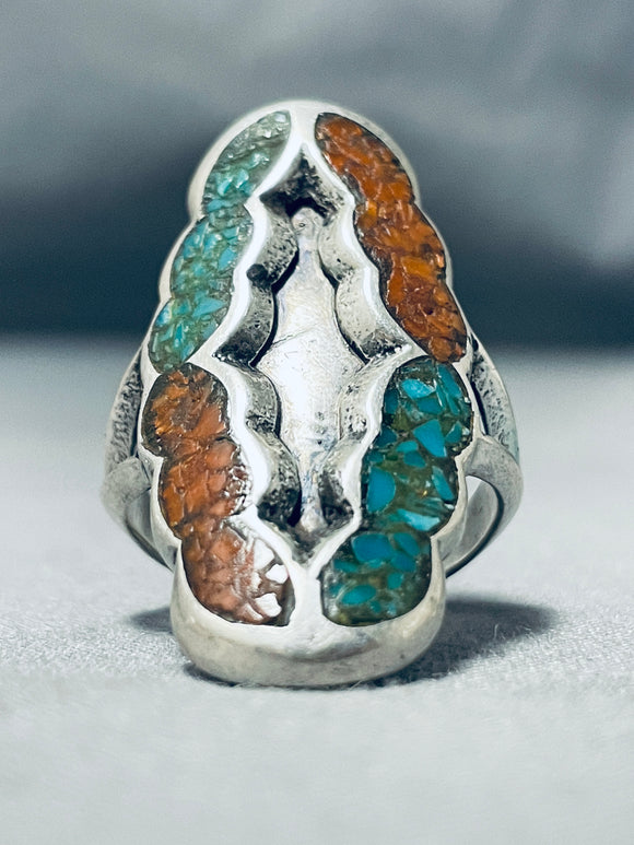 Excellent Vintage Native American Navajo Turquoise Coral Chip Inlay Sterling Silver Ring-Nativo Arts