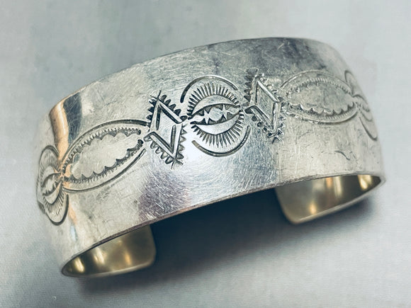 Remarkable Vintage Native American Navajo Sterliing Silver Handstamped Large Bracelet-Nativo Arts
