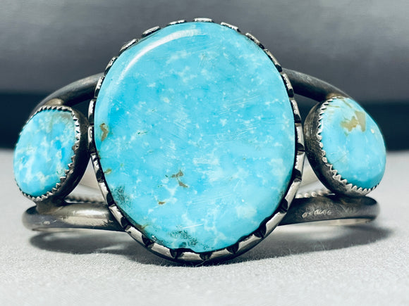 Extraordinary Vintage Native American Navajo 3 Pilot Mountain Turquoise Sterling Silver Bracelet-Nativo Arts