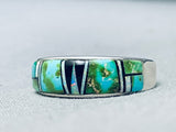 Size 13.5 Rare Vintage Native American Navajo Green Turquoise Inlay Sterling Silver Ring-Nativo Arts