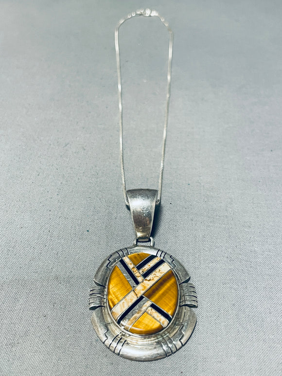 One Of A Kind Vintage Native American Navajo Tiger Eye Onyx Sterling Silver Necklace-Nativo Arts