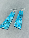 Native American Long Santo Domingo Turquoise Sterling Silver Earrings-Nativo Arts