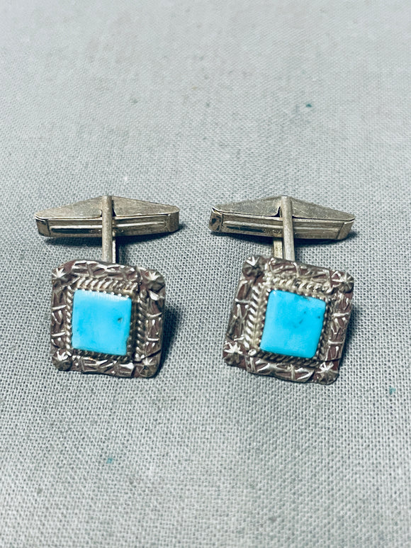 Outstanding Vintage Native American Navajo Pilot Mountain Turquoise Square Silver Cuff Links-Nativo Arts