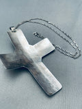 Gigantic Vintage Native American Navajo Hand Tooled Sterling Silver Turquoise Cross Necklace-Nativo Arts