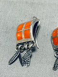 Gorgeous Vintage Native American Navajo Coral Sterling Silver Earrings-Nativo Arts