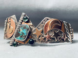 One Of Most Detailed Vintage Southwest Sterling Silver Basalt Turquoise Bracelet-Nativo Arts