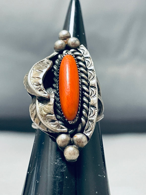 Brilliant Vintage Native American Navajo Coral Sterling Silver Ring-Nativo Arts
