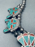 Authentic Vintage Native American Navajo Turquois Einlay Sterling Silver Squash Blossom Necklace-Nativo Arts