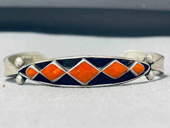 Jimmie Etsate Vintage Native American Zuni Coral Sterling Silver Bracelet-Nativo Arts