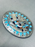 Amazing Vintage Native American Zuni Inlay Blue Gem Turquoise Jet Rainbow Man Silver Buckle-Nativo Arts