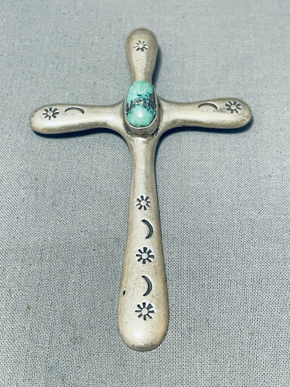 Native American Divine Vintage Navajo Turquoise Sterling Silver Cross Immense Pendant-Nativo Arts