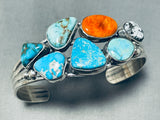 Colorful Native American Navajo Signed Turquoise Spiny White Buffalo Sterling Silver Bracelet-Nativo Arts