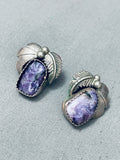 Stunning Vintage Native American Navajo Charoite Sterling Silver Leaf Earrings-Nativo Arts