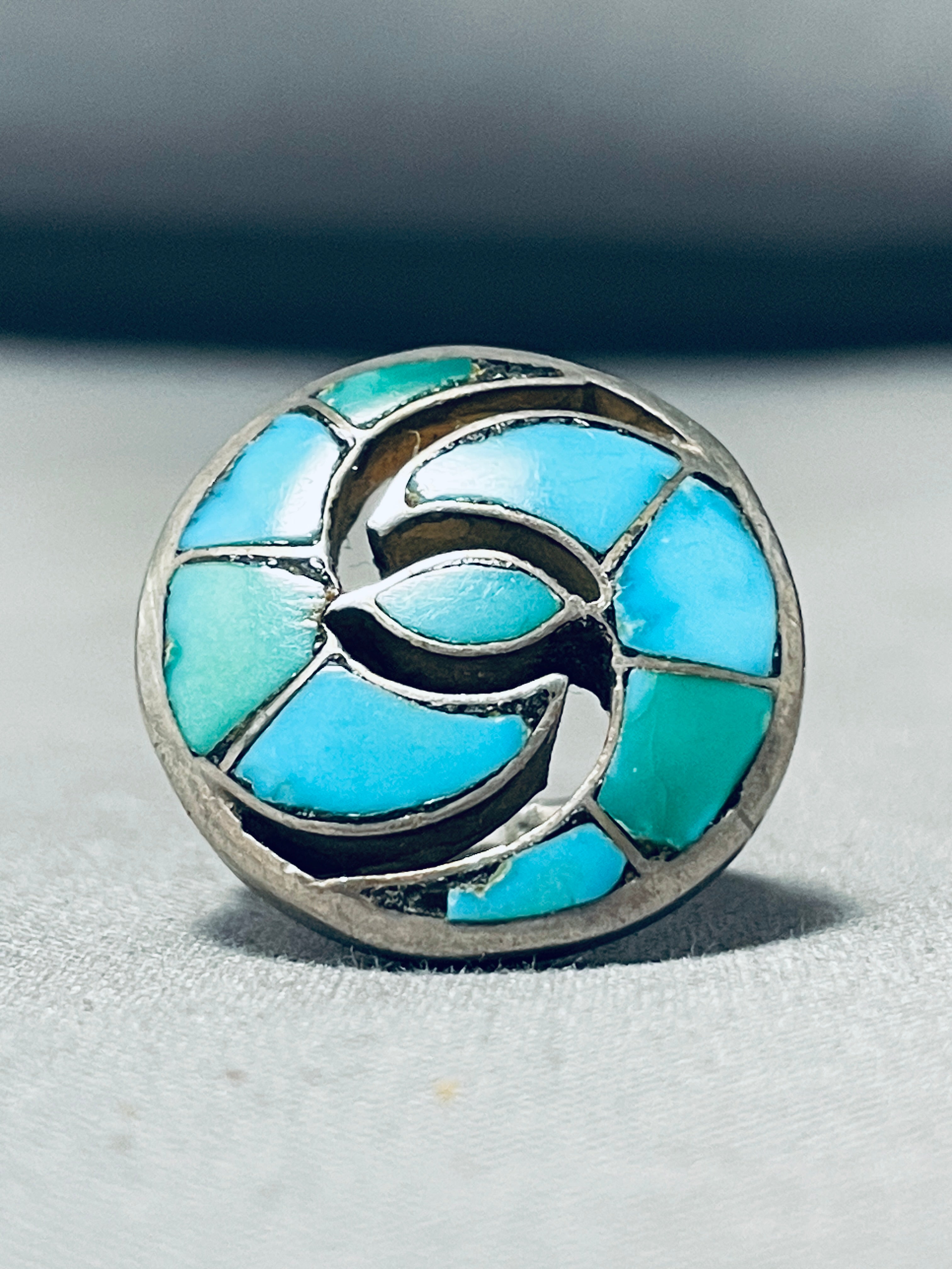 Handmade Native American Zuni inlay hot sleeping beauty turquoise Sterling Silver ring size 5.5