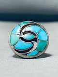 One Of The Best Vintage Native American Zuni Turquoise Swirl Inlay Sterling Silver Ring-Nativo Arts