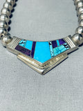 Ray Tracey Vintage Native American Navajo Turquoise Inlay Sterling Silver Necklace-Nativo Arts