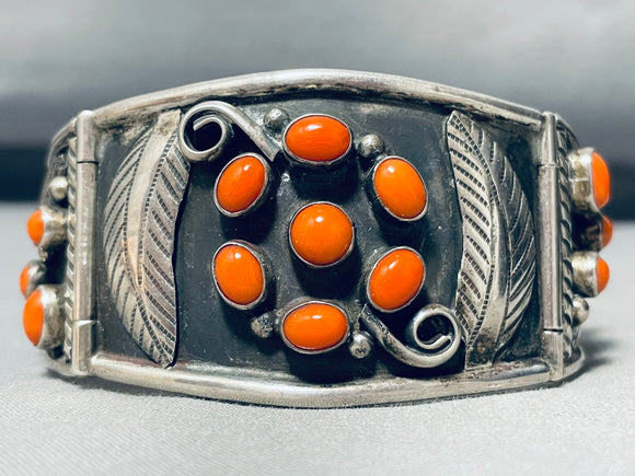 One Of The Best Ever Vintage Native American Navajo Coral Sterling Silver Clasp Bracelet-Nativo Arts