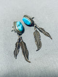 Brilliant Vintage Native American Navajo Morenci Turquoise Sterling Silver Feather Earrings-Nativo Arts